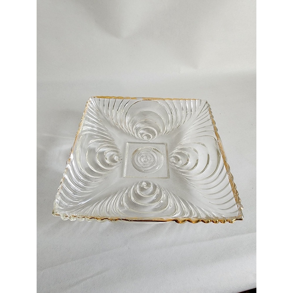 Vintage Art Deco Square Clear Glass Trinket Dish Gold Gilded Rim 6.5 Inch